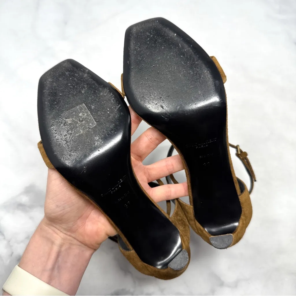 Saint Laurent Bea Bow Suede Square Toe Ankle Wrap Strap Sandal Heels Brown 37 - Image 10