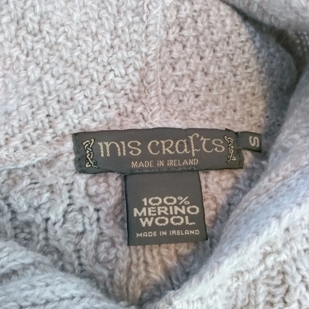 INIS CRAFTS IRELAND Merino Wool Oatmeal Button Down Hooded Cable Knit Sweater S - Image 10