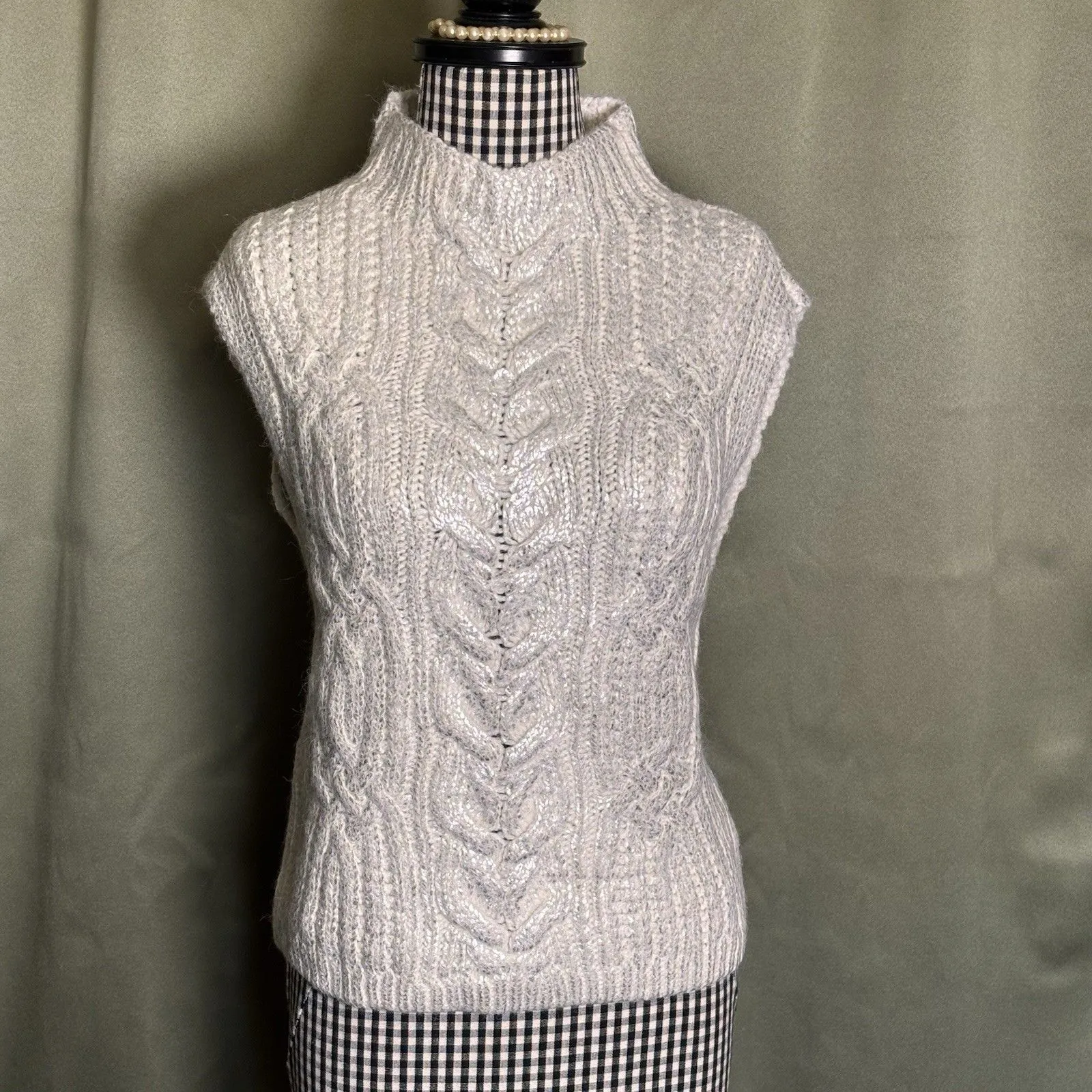 Lucky Brand Women Metallic Cable-Knit Sweater Vest Ivory Silver Size XS MSRP $90 - Image 6