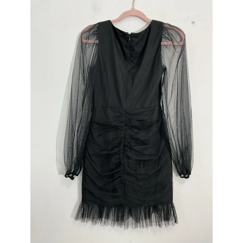 Womans Guess Extra Small Black V Neck Rushed Zip Shear Knee Length Party Dress - Image 2