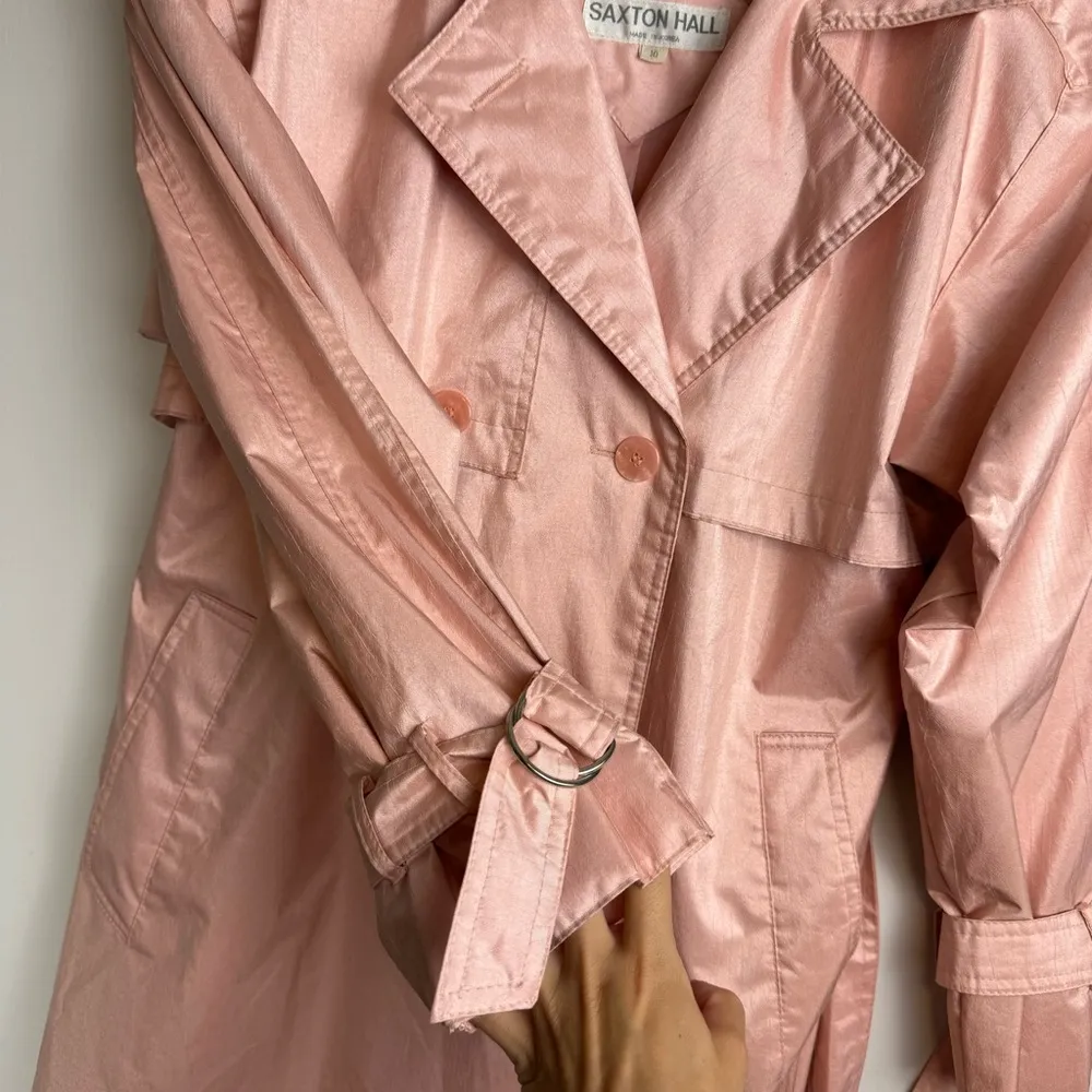 Vtg Saxton Hall Blush Pink Shimmer Trench Coat Jacket Sz 10 Belted Waist - Image 7