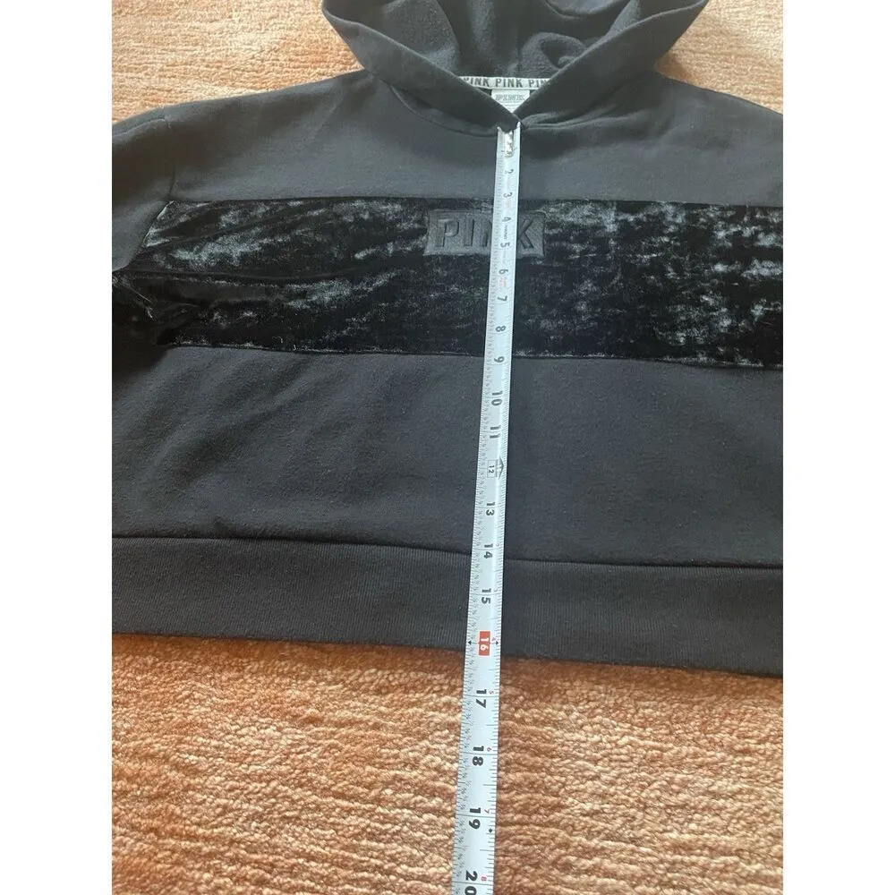 VICTORIA'S SECRET PINK CROPPED HOODIE VELVET LOGO LONG SLEEVE BLACK SZ S - Image 3