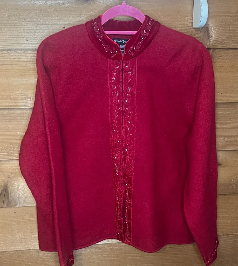 Alexandra Bartlett Vintage Velvet Wool Red Bead Rose Embroidered Clasp Jacket L Size L - Image 1