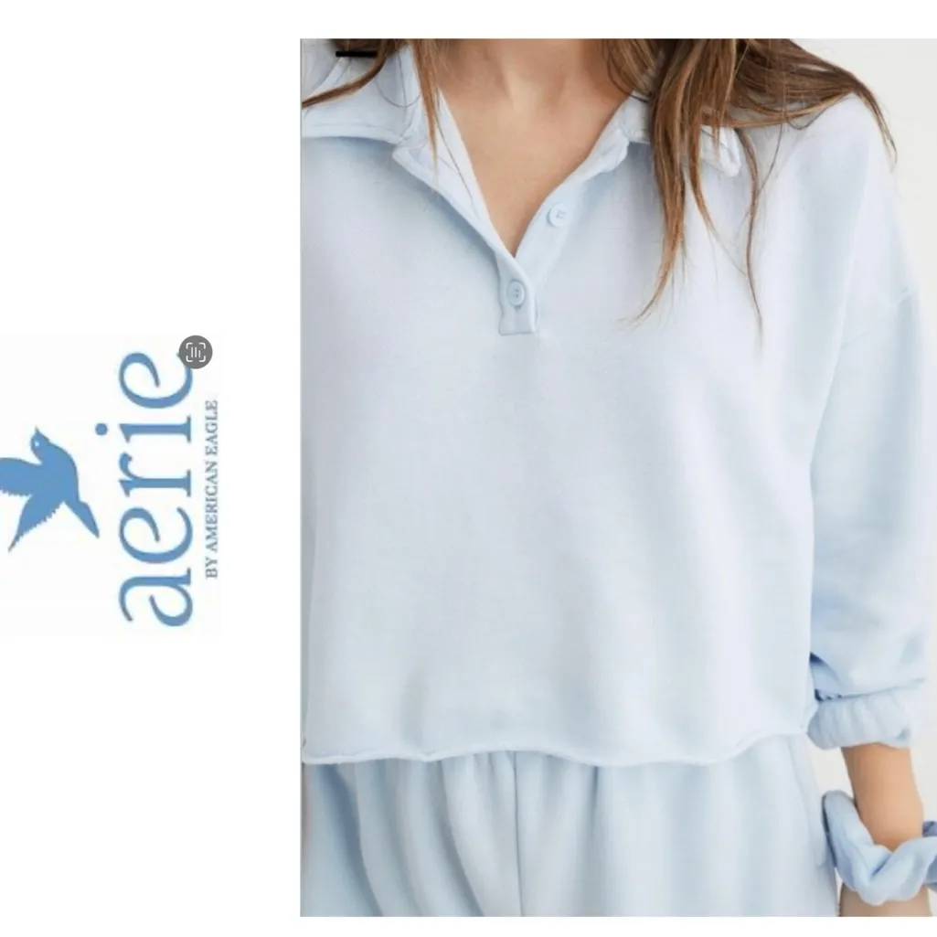 Aerie Fleece Of Mind‎ Women’s Large Sunset Blue Cropped Polo Sweatshirt - Image 2