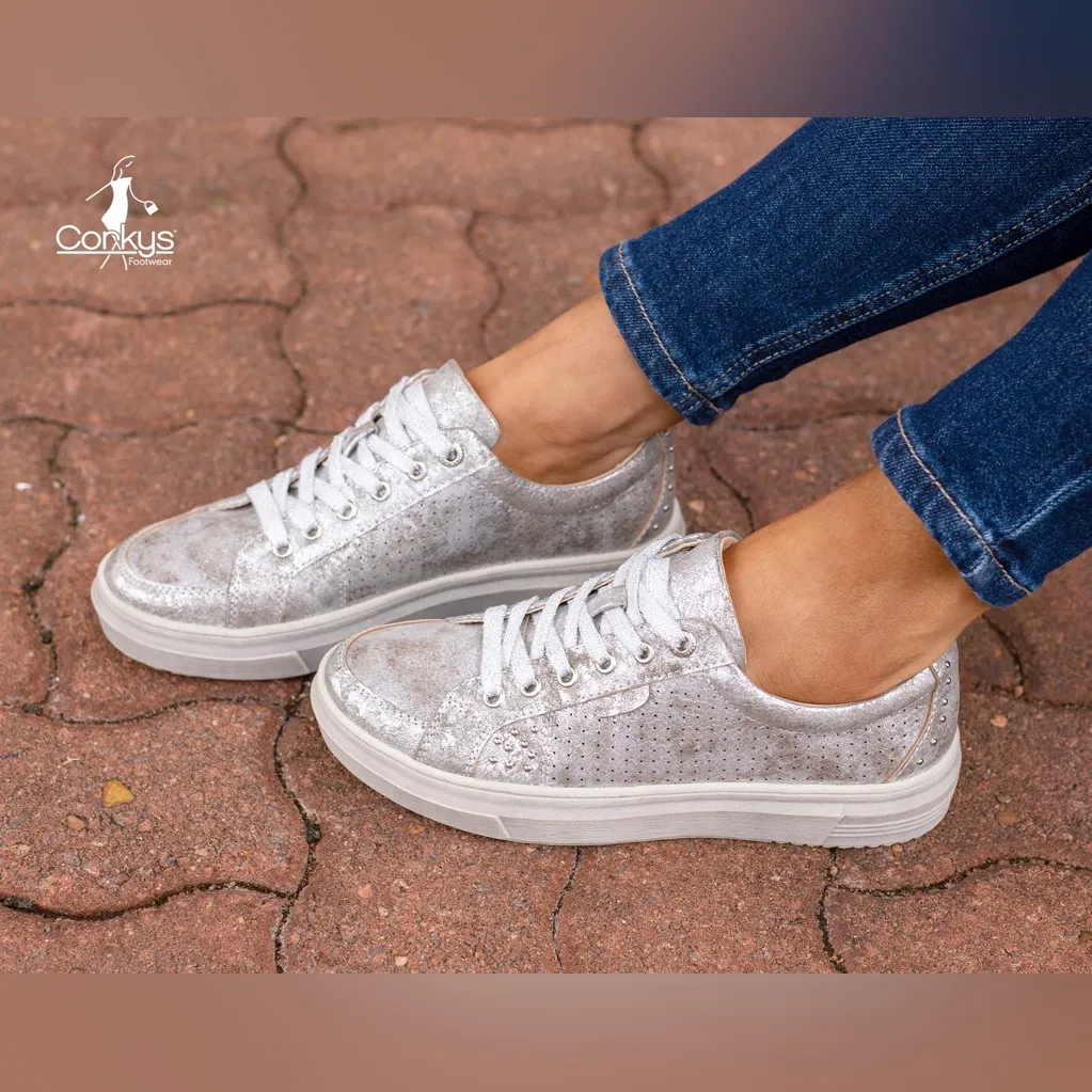 Corkys Hey Girl Down Time Oxford Sneaker in Metallic Silver - Image 4