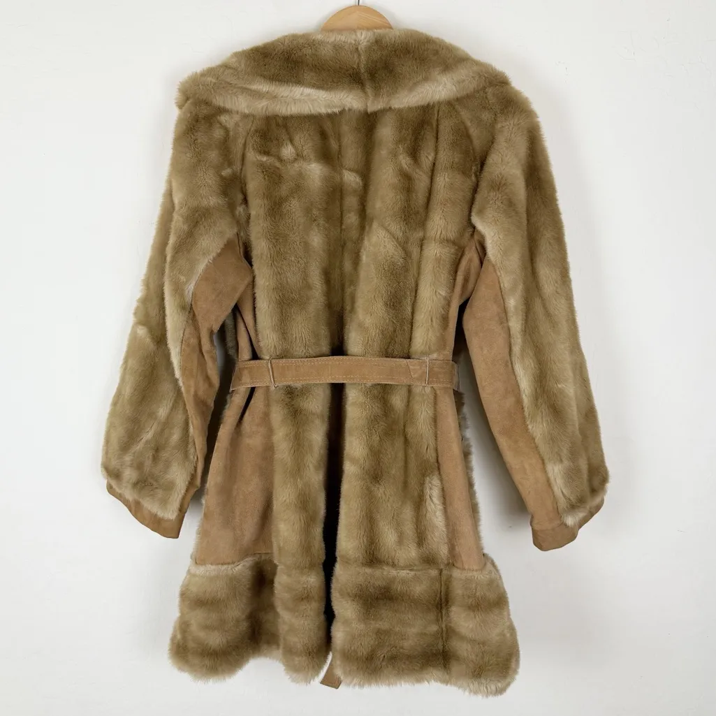Vintage 70’s Lilli Ann London Leathers Faux Fur Coat With Genuine Leather Trim Brown Size M - Image 2
