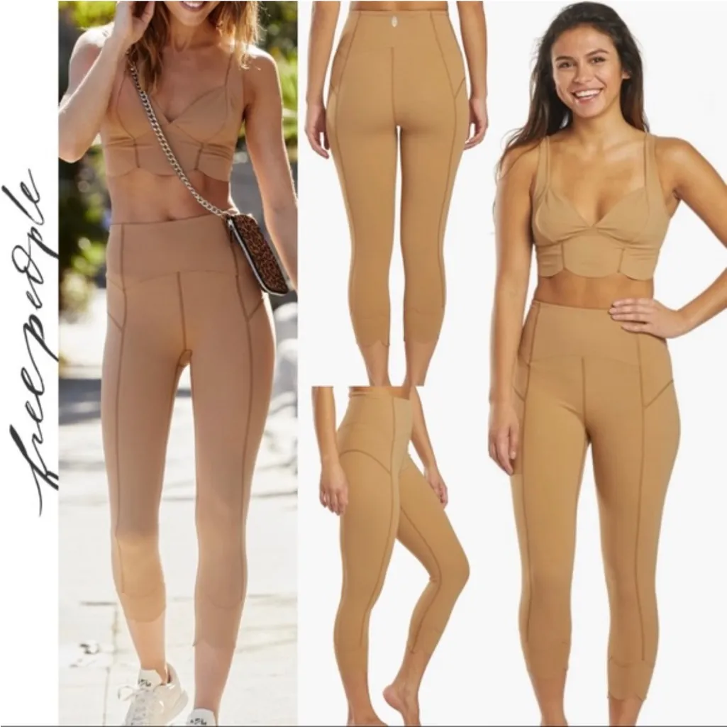 FP Movement by Free People Tan Cropped Leggings Scalloped Hem Small - Image 3