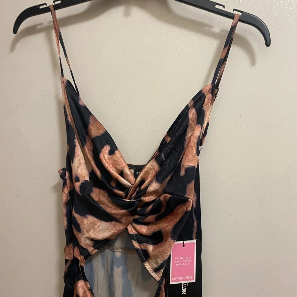 Pretty Litte Thing Womens Satin Tank Maxi Dress Size 4 Leopard Print Cutout NWT - Image 2