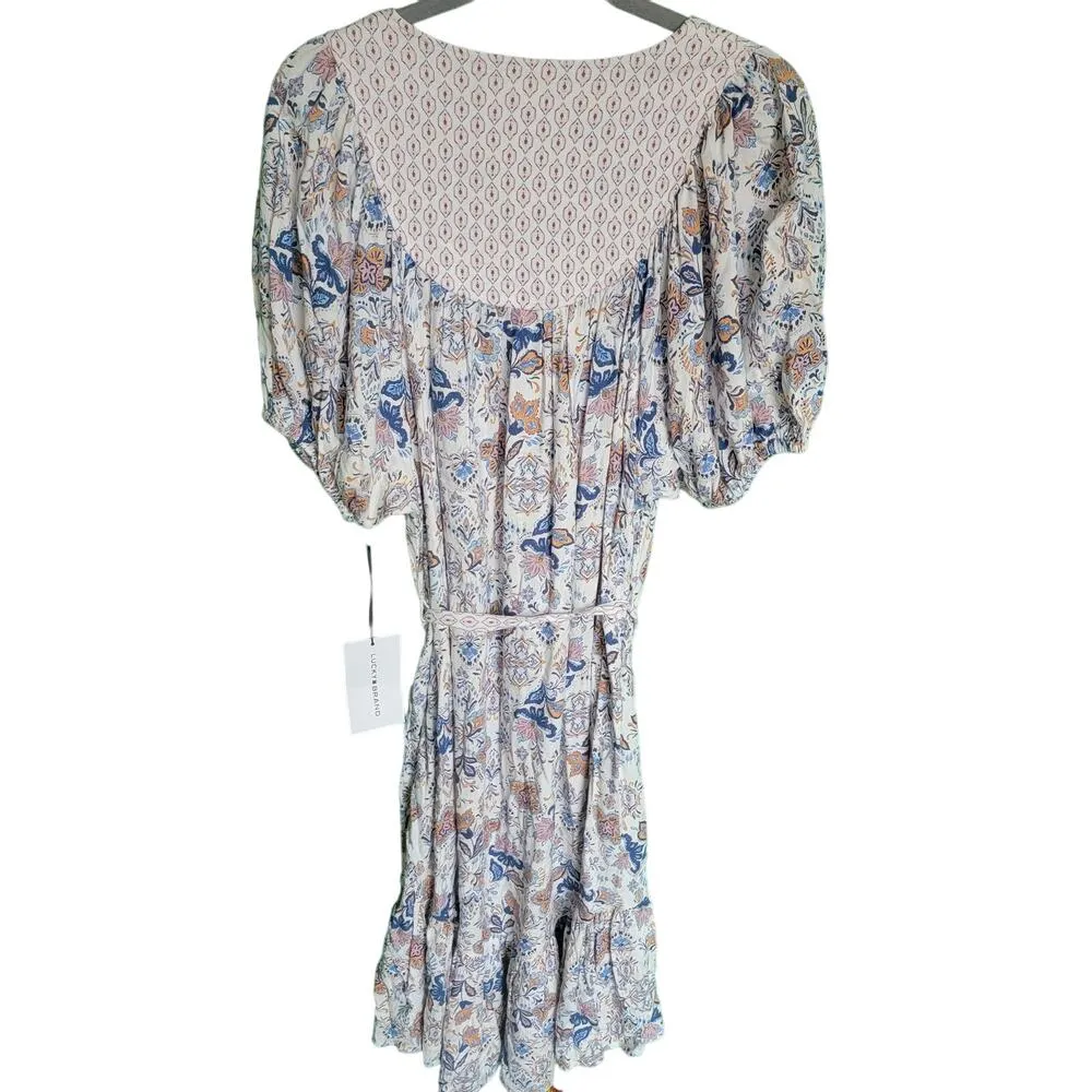 Lucky Brand White Blue Peasant Boho Puff Sleeve V Neck Midi Dress Size Medium - Image 12