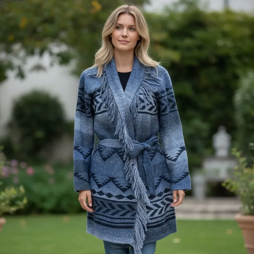 NWT Badgley Mischka Stylish Blue Fringe Cardigan with Geometric Pattern Medium - Image 3