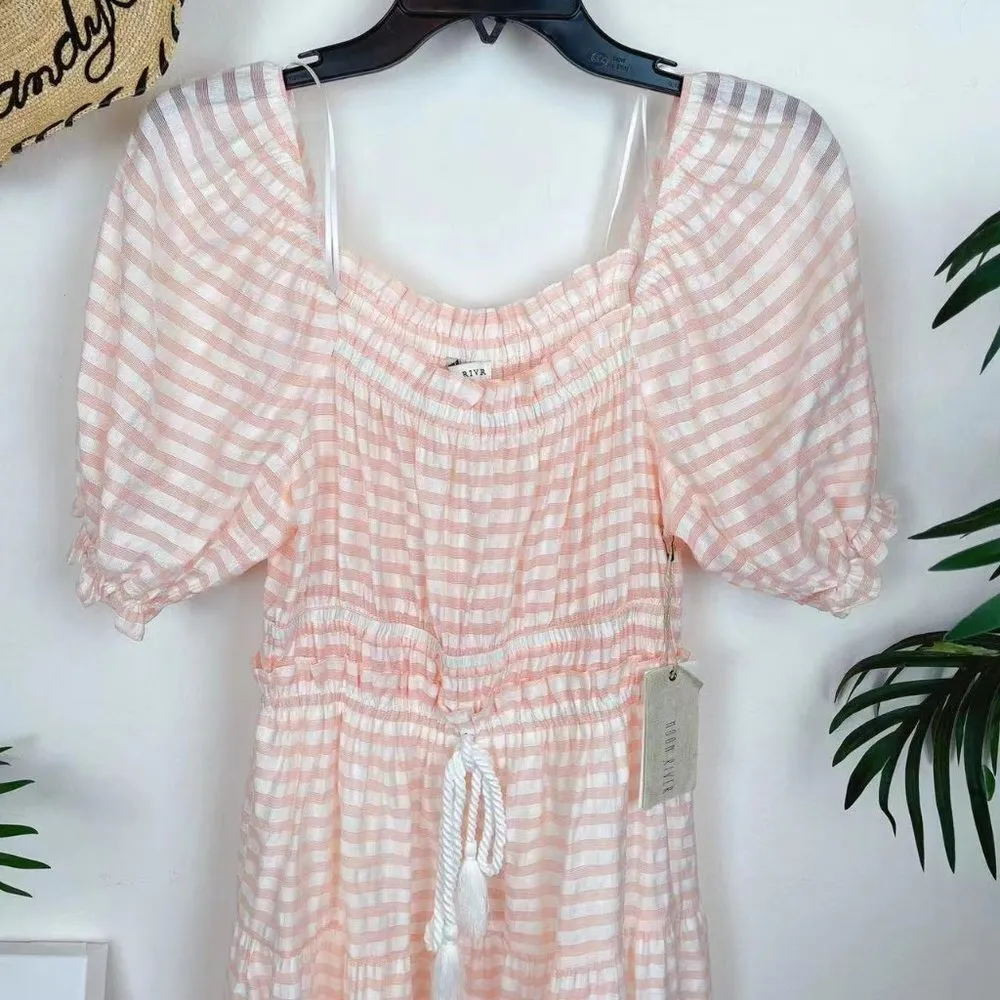 MOON RIVER Puff Sleeve Midi Dress-Pink Stripe - Image 2