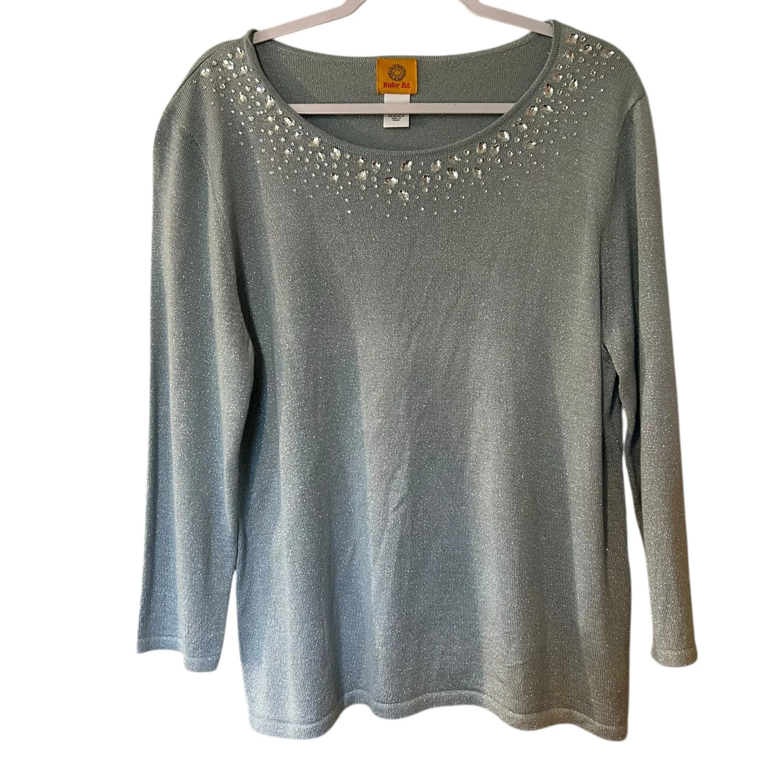 Ruby Rd. Sweater Top NWT Aqua Sparkling Metallic Rhinestones SZ XL Holidays Boho Blue - Image 2