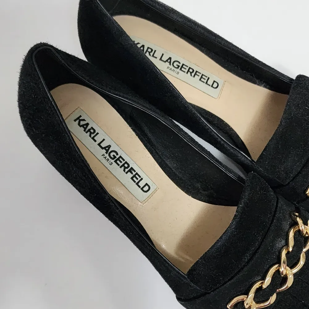 Karl Lagerfeld Paris Black Suede Kiltie Block Heel Square Toe Pumps Size 6½ - Image 3