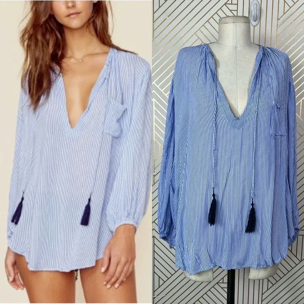 Faithfull the Brand Alice‎ Blue Stripe Tasseled Top Size US 6 - Image 2