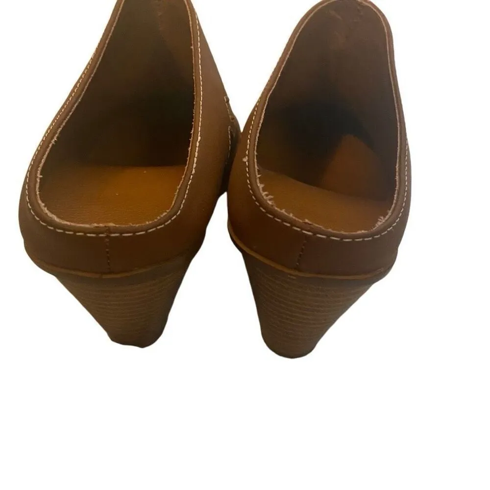 Leather Western Booties Clogs Mules 3 Inch Heels Brown Size‎ 8 Top Stitching Tan - Image 3