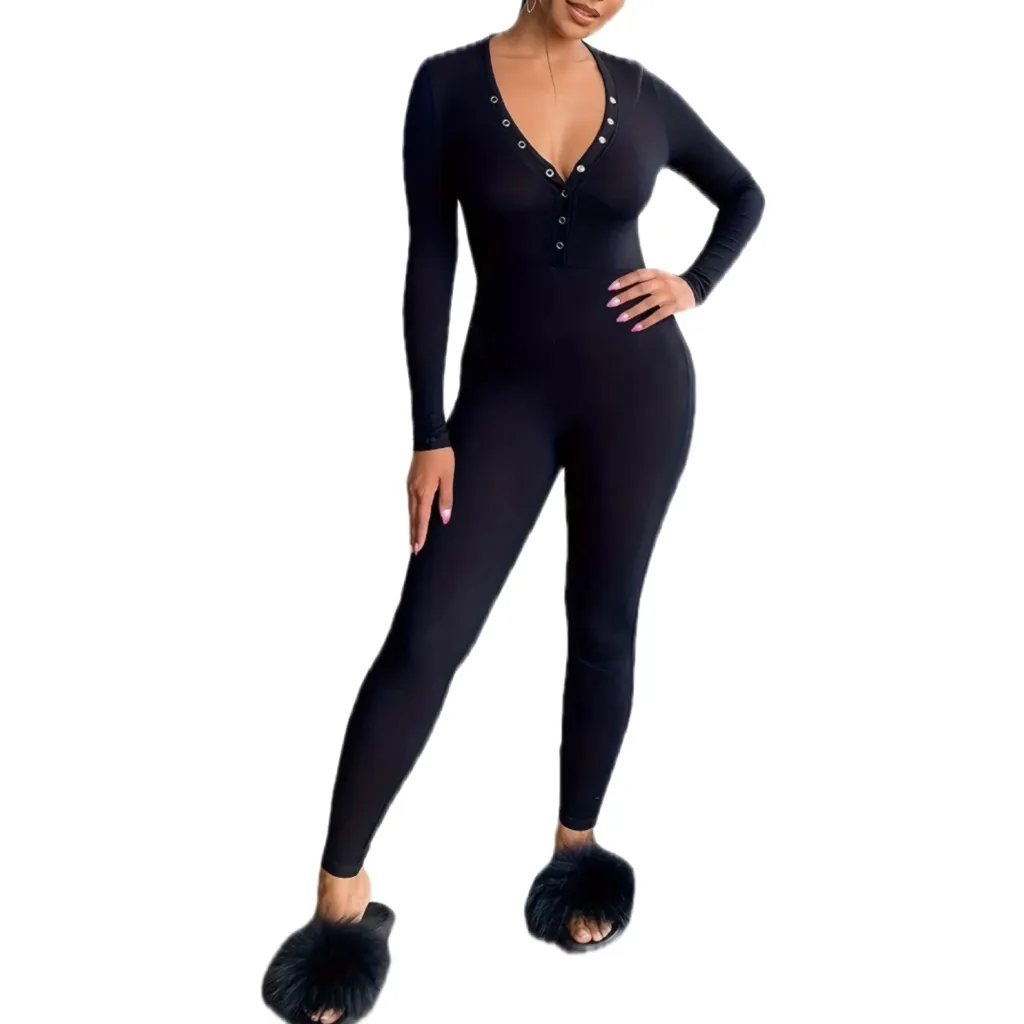 Long Sleeve V Neck Solid Lounge Jumpsuit Black - Image 5