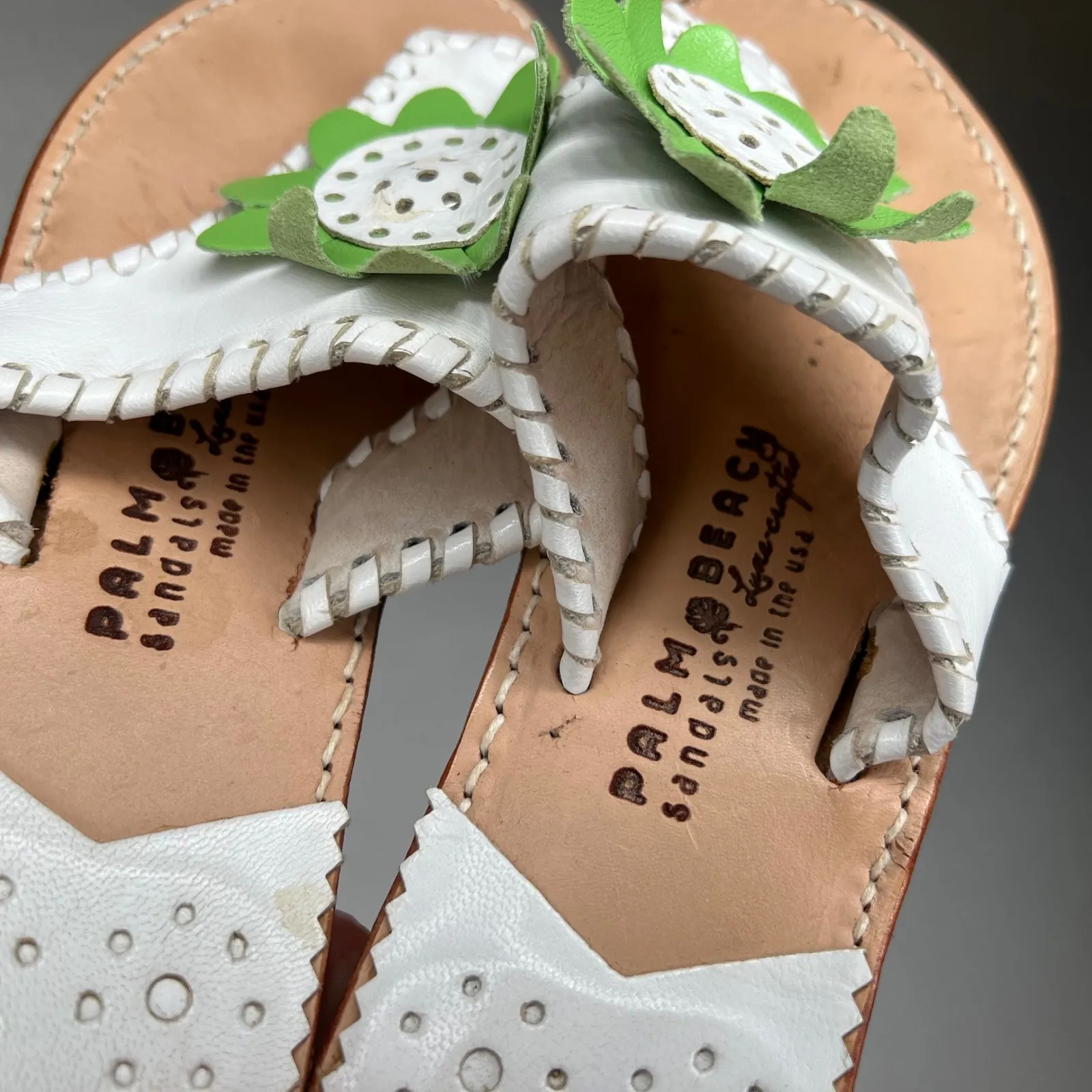 Jack Rogers Palm‎ Beach Size 6 Sandals Leather Thong Sandals Women's White Green - Image 3