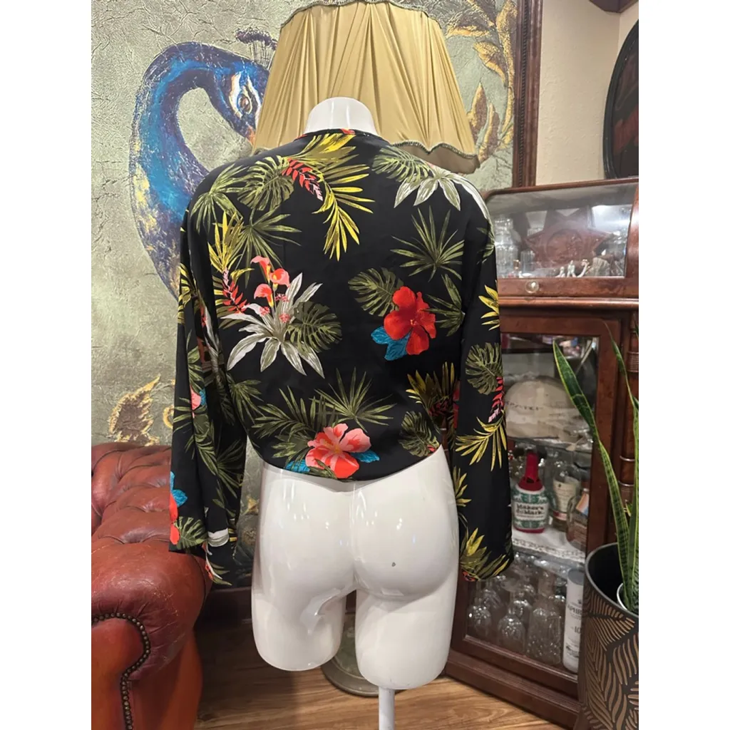Miss Lili Tropical Floral Tie-Front Kimono Blouse Small Black Hibiscus Boho Wrap - Image 5