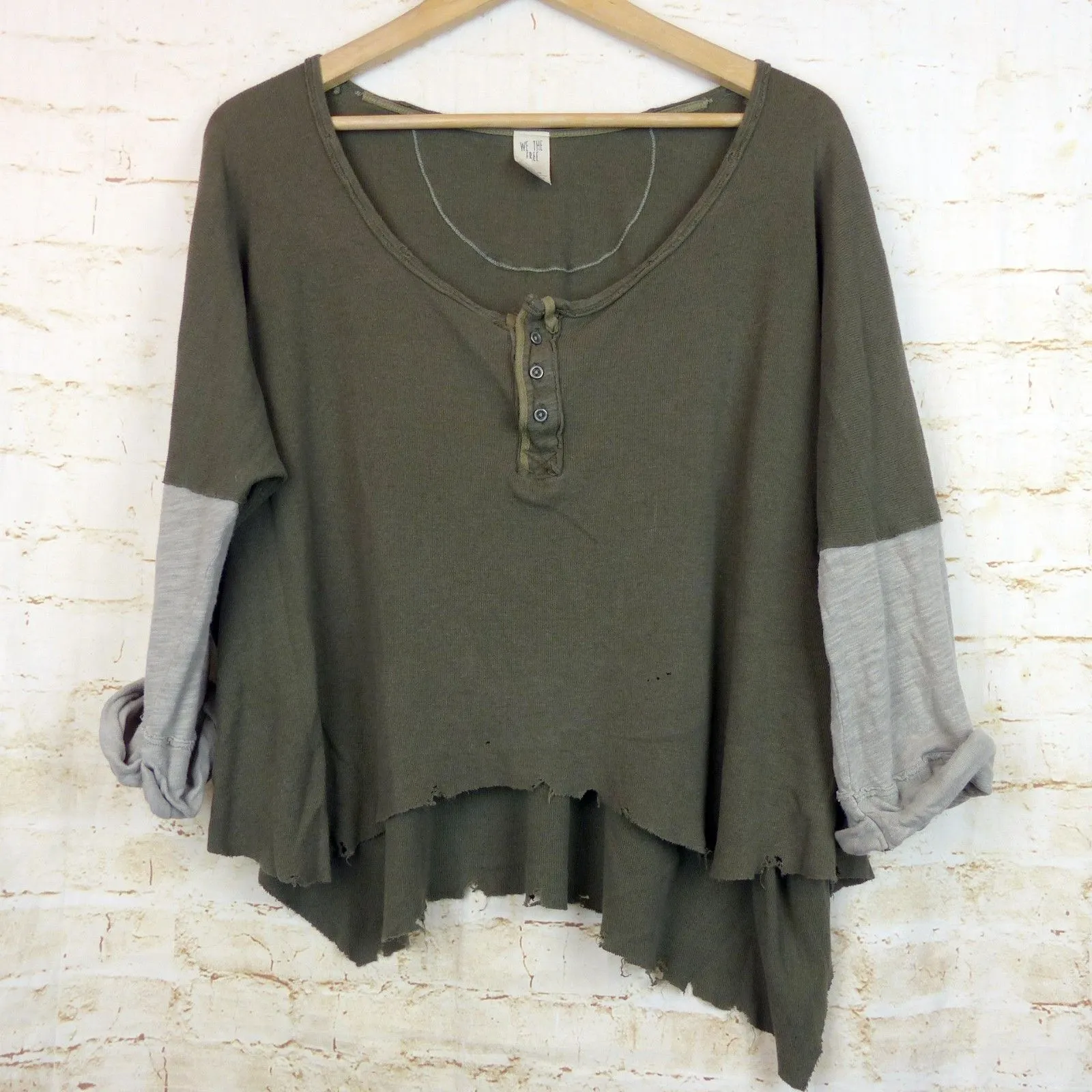 Free People Henley Top Women XS Green Oversized Crop Distress Linen Blend Grunge - Image 5