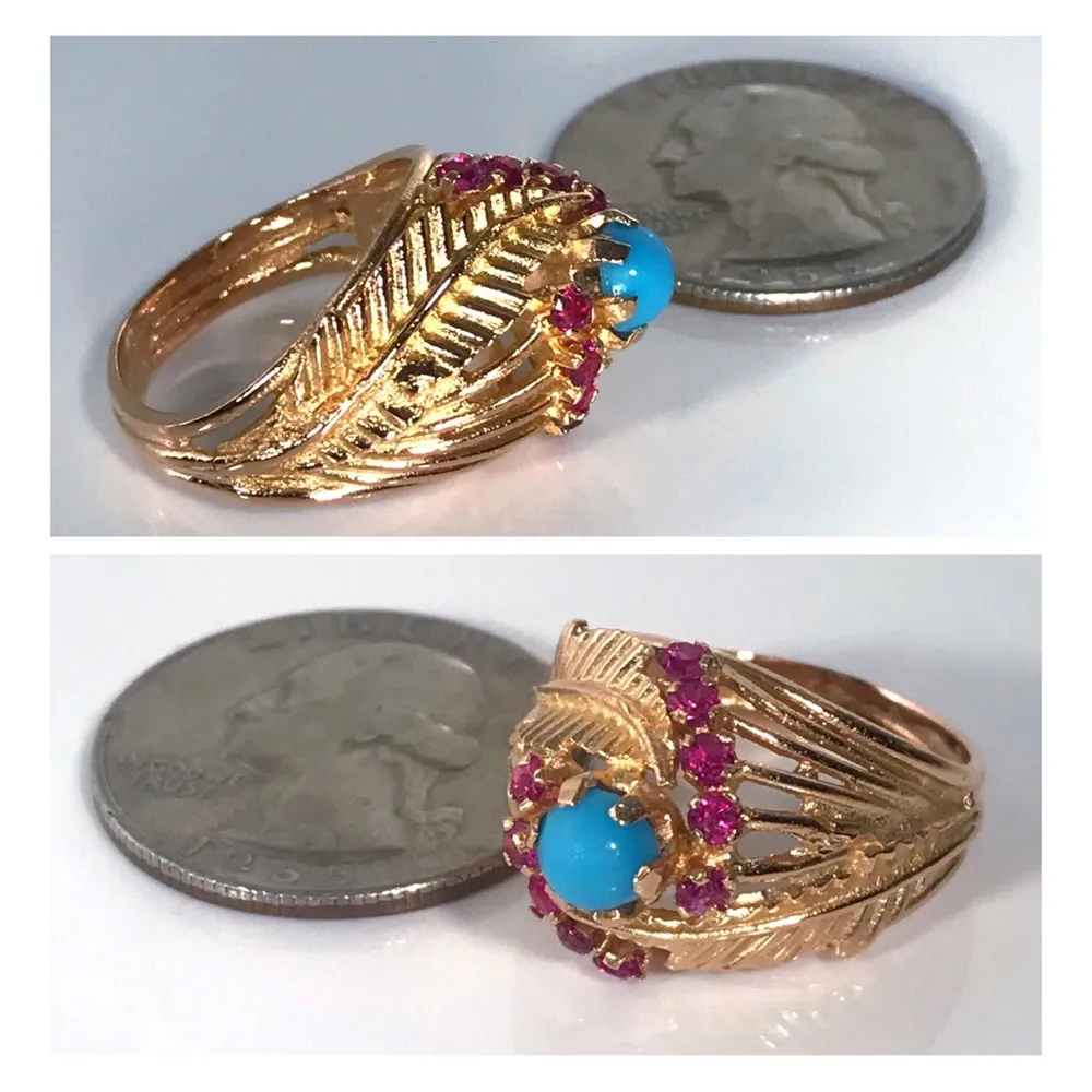 18KT SOLID GOLD ANTIQUE TURQUOISE & RUBY RING - 7.65 GRAMS!! - Image 11