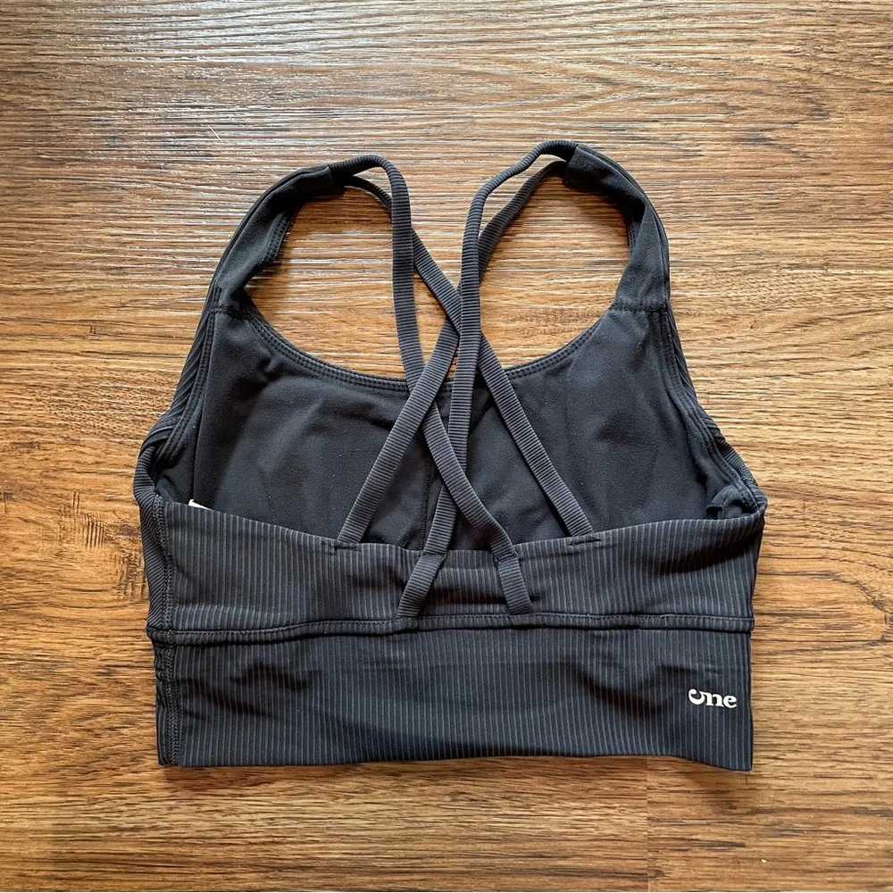 One Activewear Sports Bra Black Washed Ribbed Longline Sz 6 Strappy Back - Image 2