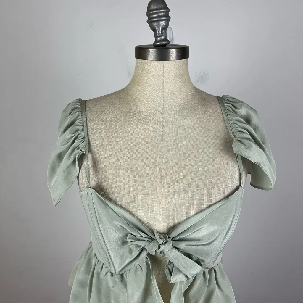 Stone Cold Fox Sage Green Silk Ruffle Tie Crop Top - Image 4