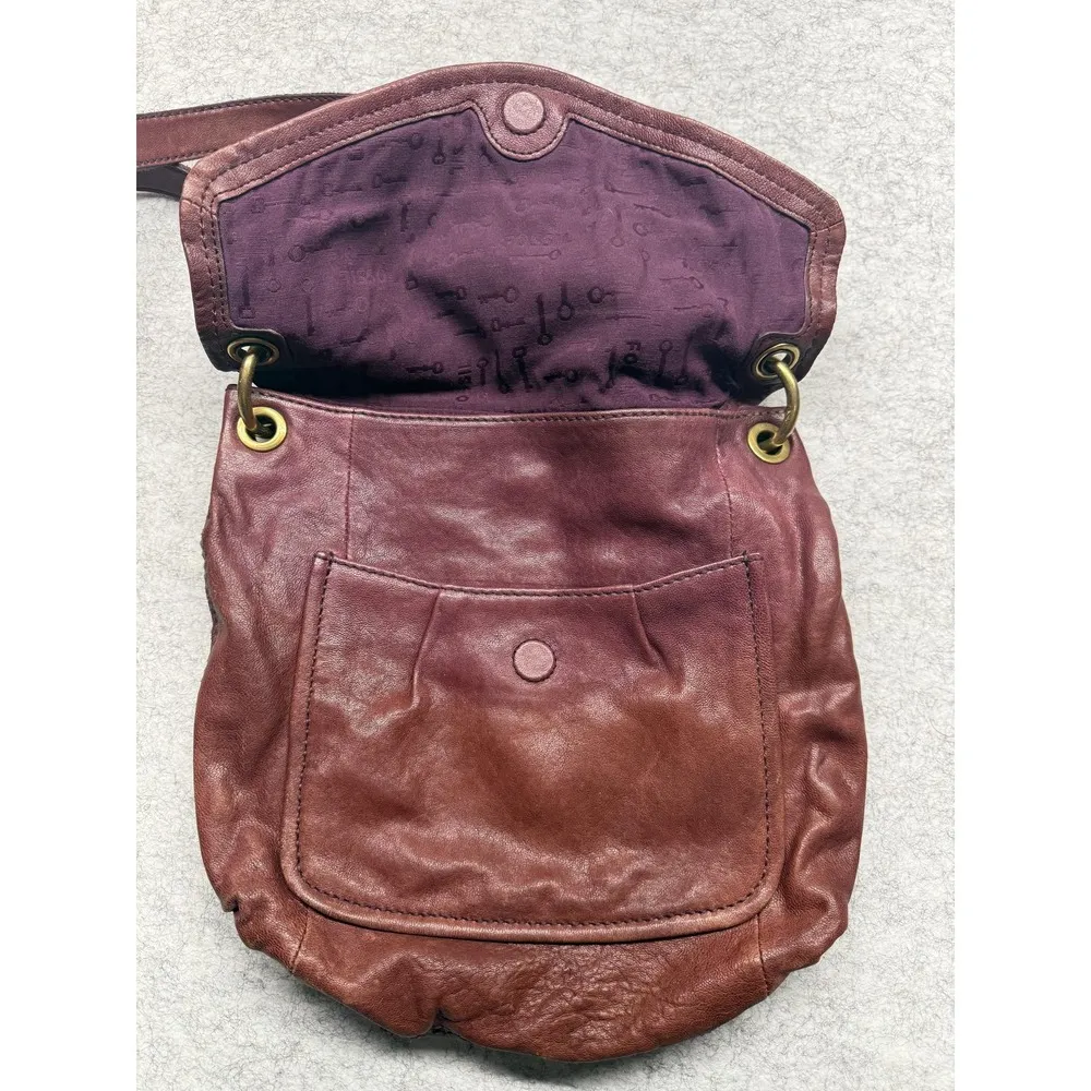 Fossil Crossbody Bag Womens Brown Leather Long Live Vintage Flap Purse Key Tag - Image 9