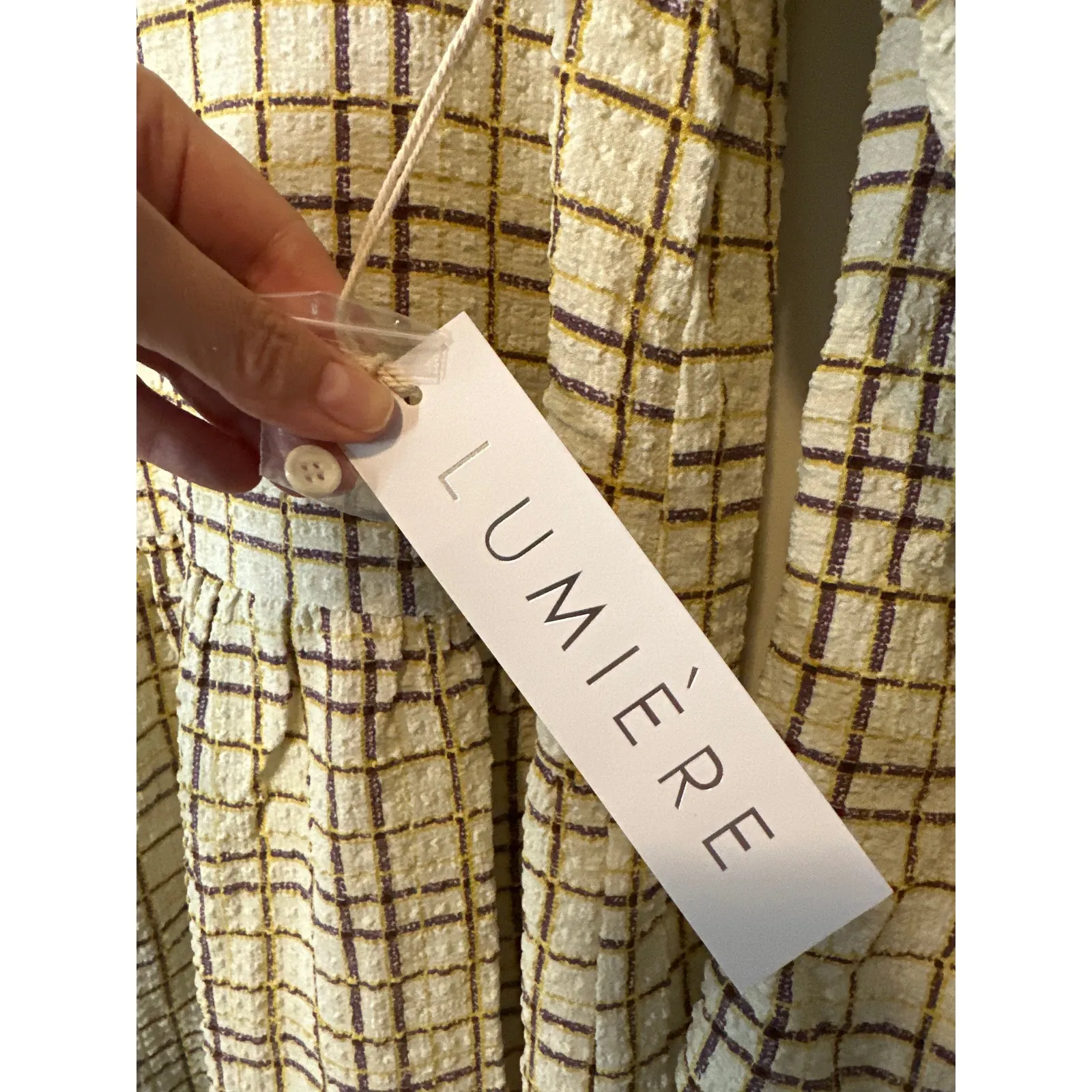 Lumiere NWT Plaid Drop Waist Mini Dress in Neutral Cream Gold Size Medium - Image 5