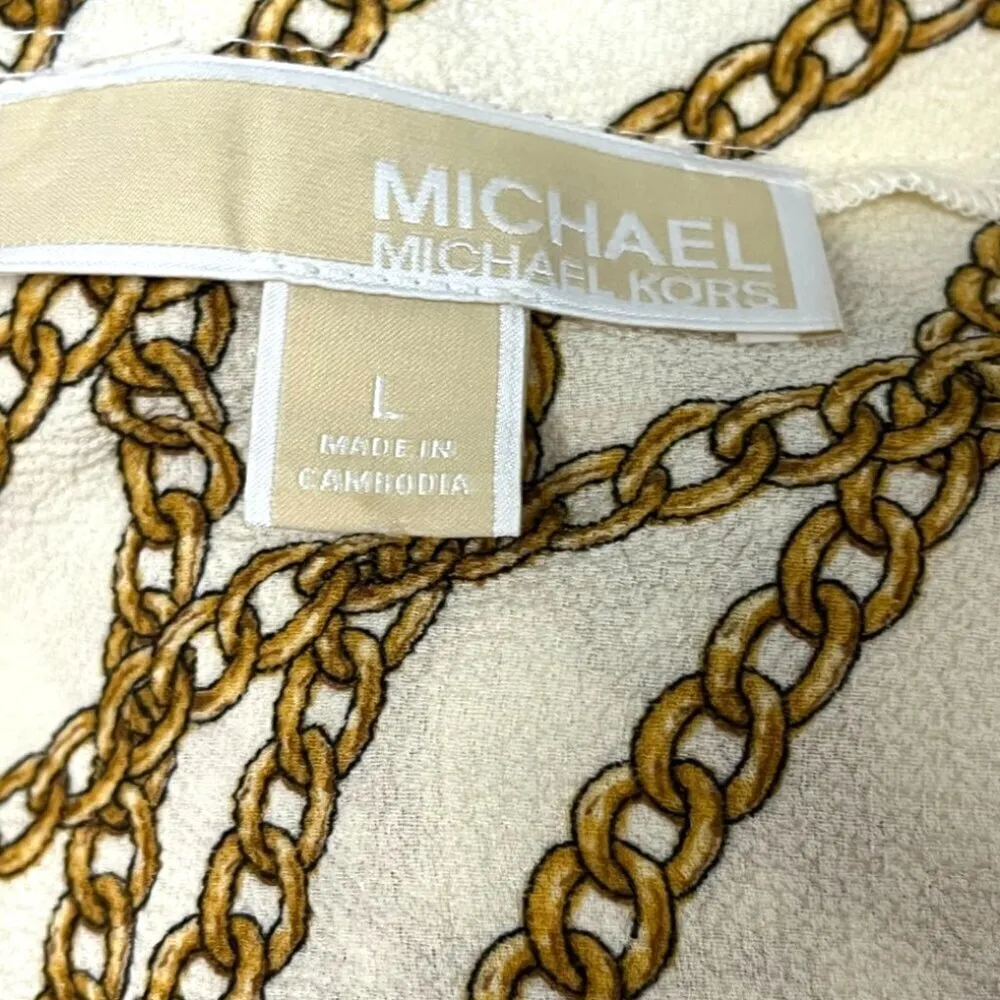 Michael Kors Women’s Off White V Neck Blouse 3/4‎ Tie Sleeve Top Size Large Gold - Image 6