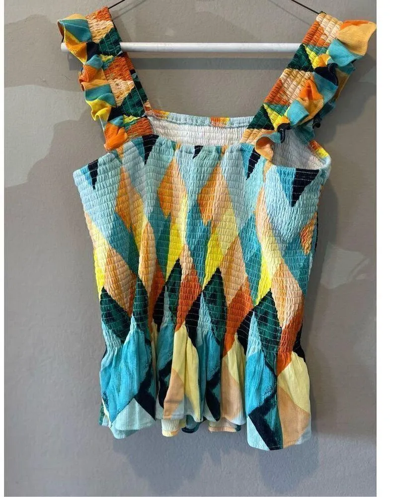 Torrid Blouse Womens 1X 14 16 Geo Multicolor Peplum Crinkle Gauze Tank Smocked - Image 2