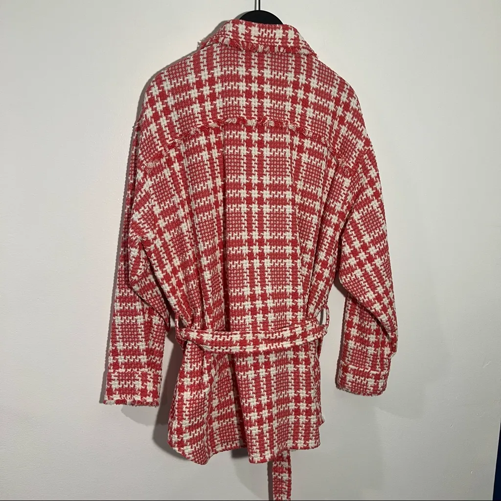 ZARA Tweed Houndstooth Belted‎ Pink/White Plaid Boucle Jacket Size XS - Image 8
