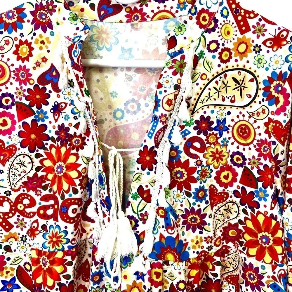 Retro dress/swim cover peace & love theme w/fringe hem, cuffs, & collar size L Red Size L - Image 7