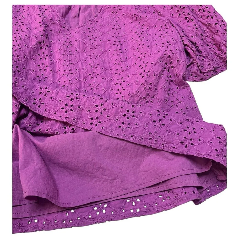 Draper James Top Womens L Eyelet V Neck Short Bubble Sleeve Embroidered Purple - Image 8