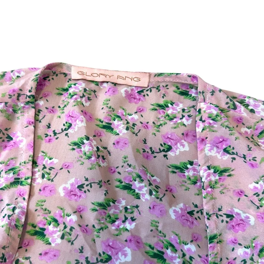 Glory Ang Pink Floral Flair Bell Sleeve Cottagecore Tie Wrap Blouse Retro Boho S - Image 5