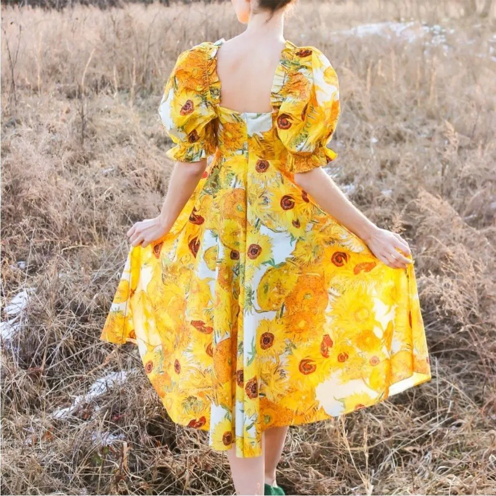 Selkie Tea Rose Dress Women’s Small Yellow Sunflower Cotton Puff Sleeve Midi - Image 4