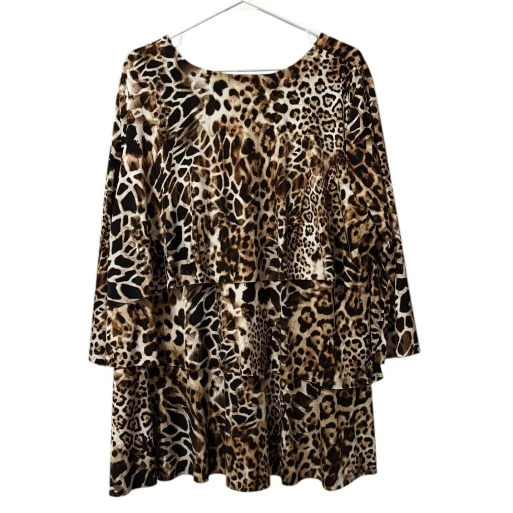 Susan Graver Top Sz XL Leopard Animal Print Layered Liquid Knit Ruffle Stretch - Image 2