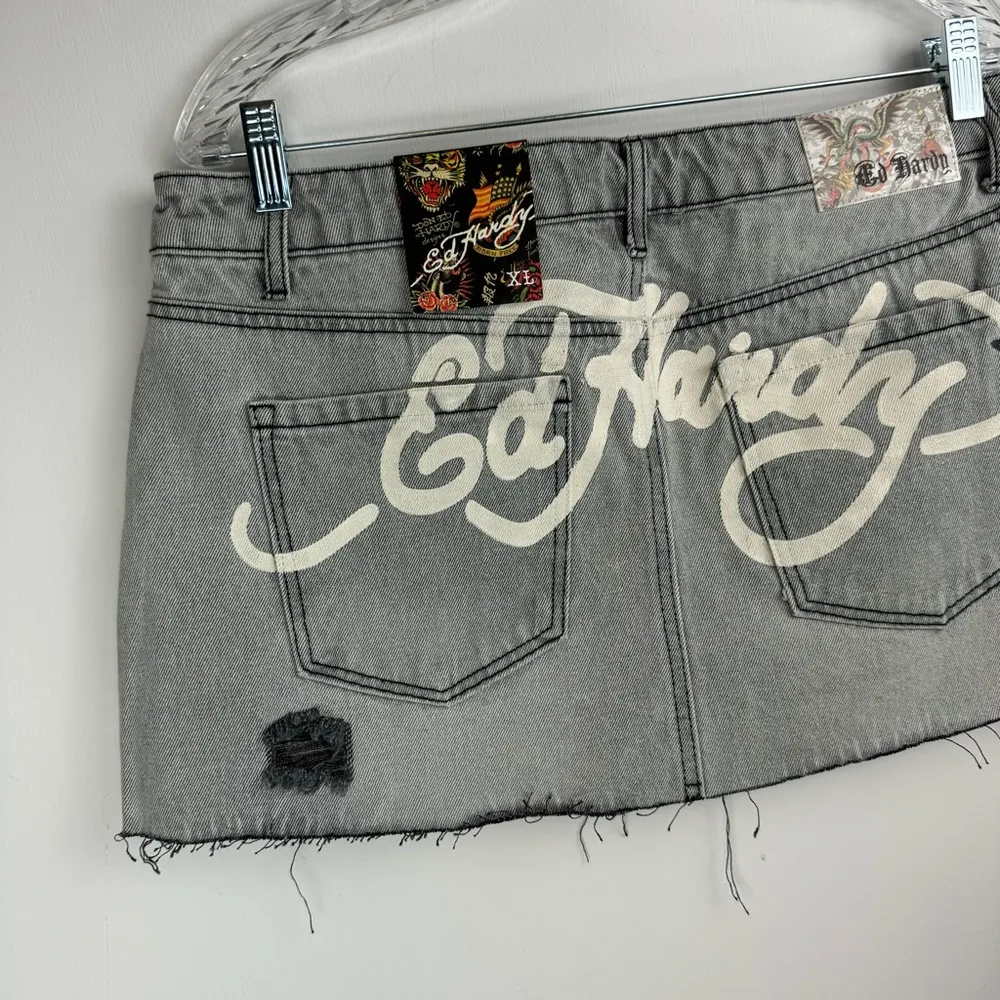 NWT Ed Hardy Denim Mini Skirt Sz XL Grey Wash Graphic Print Y2K - Image 12