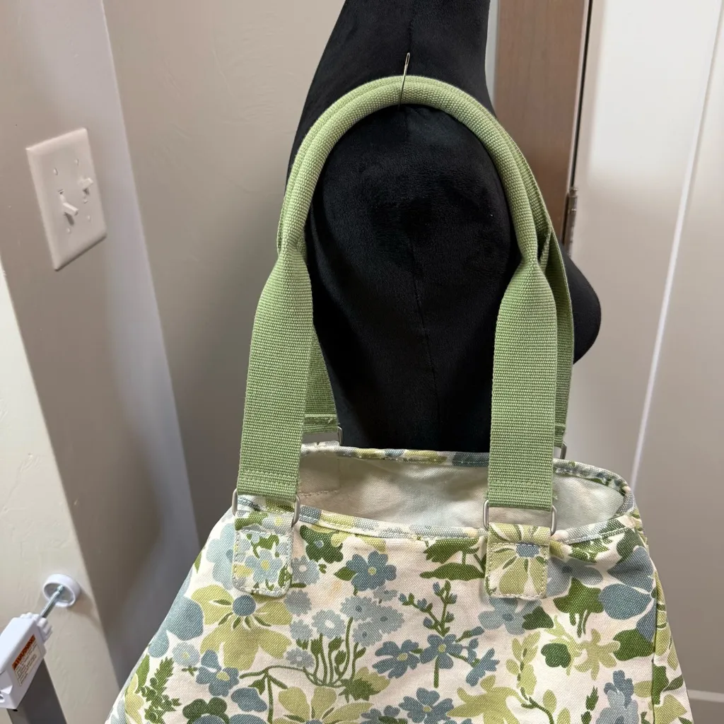 Vintage Eddie Bauer Large Canvas Tote Bag Green Blue Floral Pastel Adjustable - Image 3