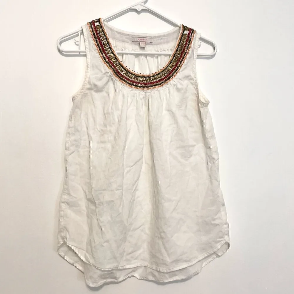 ESPRIT White Multi Embroidered Beaded Sequin Sleeveless Cotton Boho Tank Blouse - Image 2
