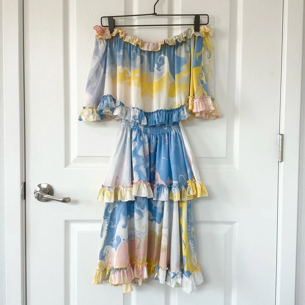 Anne Fontaine Ceramic Silk Watercolor Off the Shoulder Ruffle Mini Dress Blue Size XS - Image 4