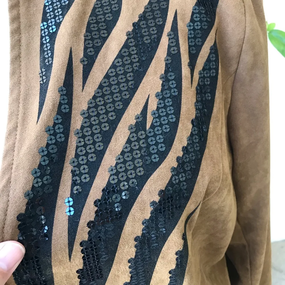 Bob Mackie Wearable Art Brown Faux Suede Zip Jacket Black Zebra Sequins Size L - Image 2