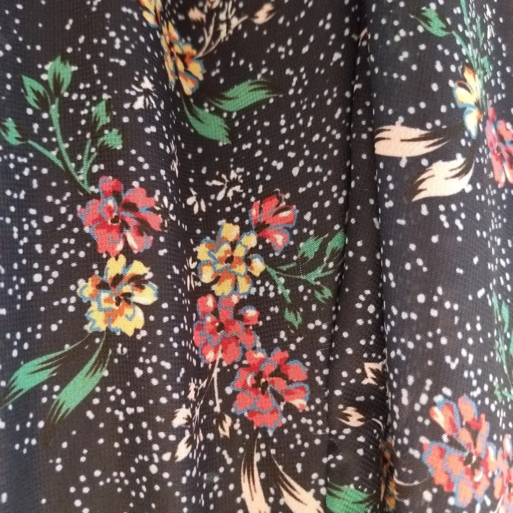 {24} Eloquii Navy Floral Long Bubble Sleeve Faux Wrap Tie Neck Ruffle Dress - Image 11