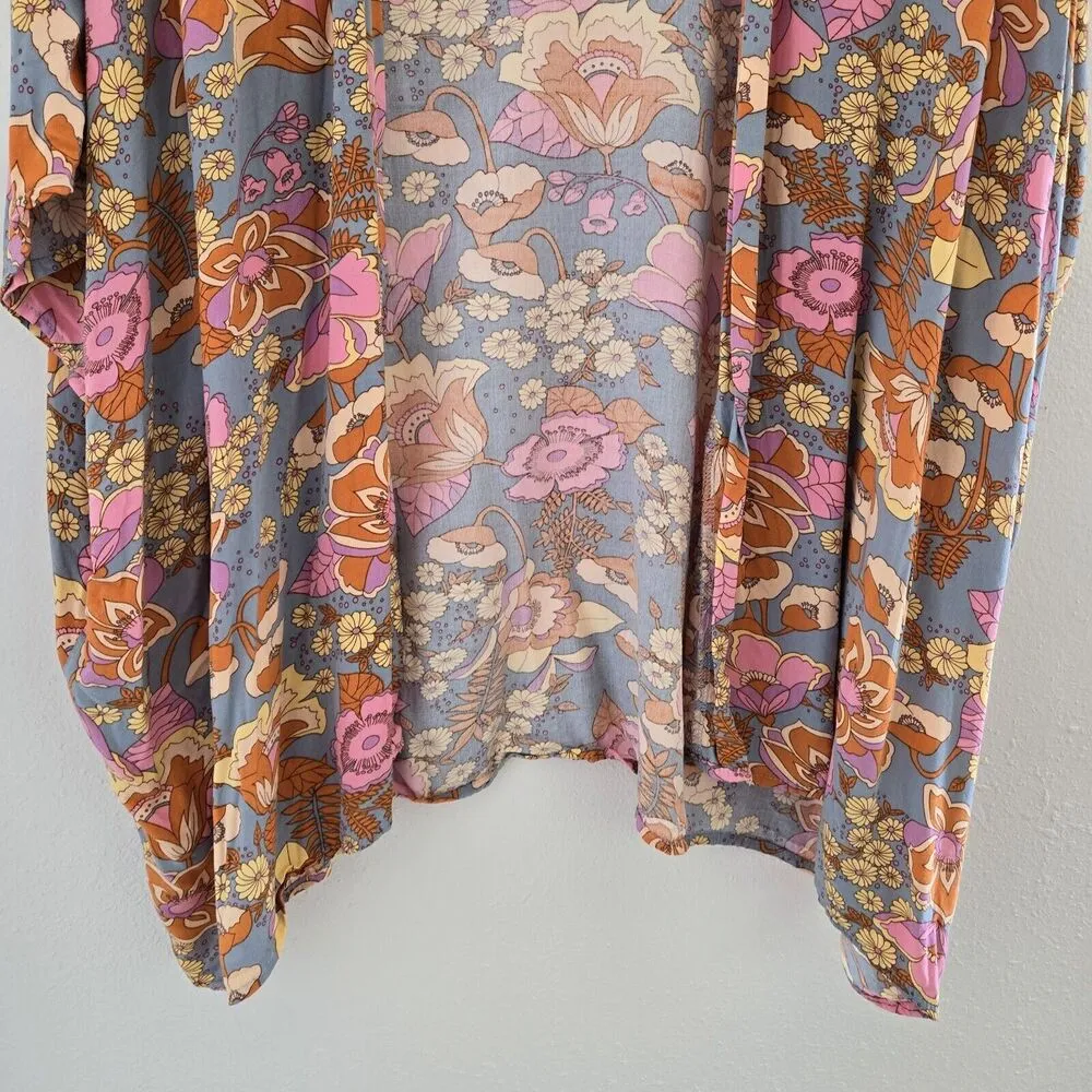 Rusttydustty Kimono Women’s Multicolor Floral 70s Boho Open Front Size Small - Image 4