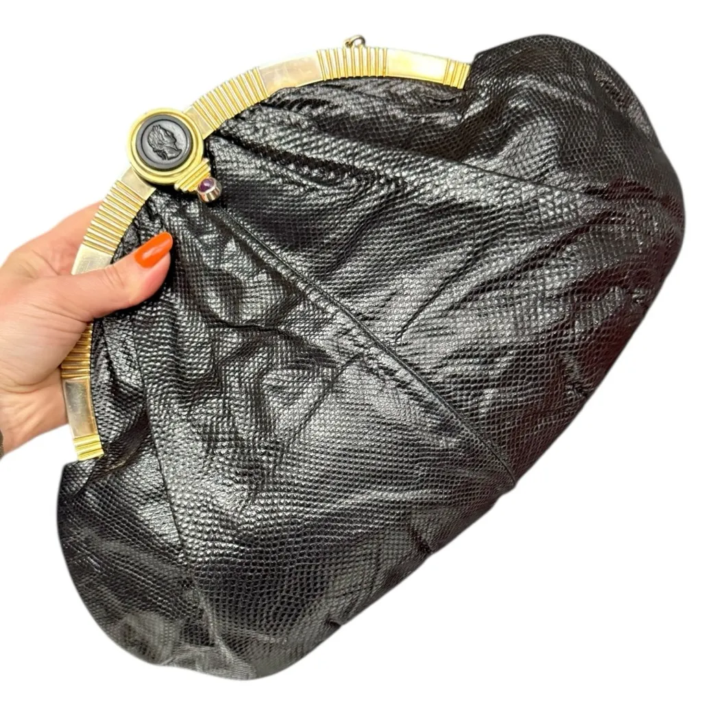 Vintage Judith Leiber Black Lizard Frame Clutch Crossbody Bag Evening Bag Large - Image 12