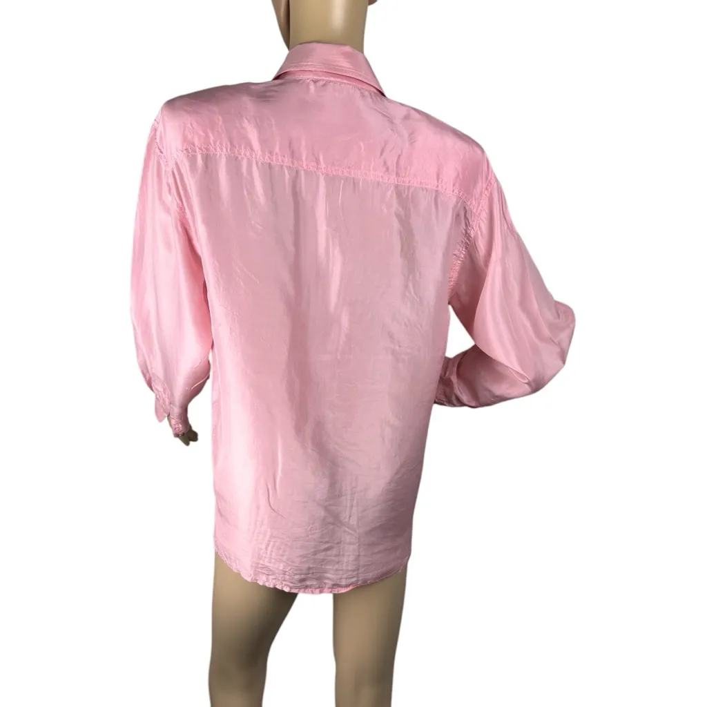 Vintage 100% Silk Blouse Button Down Light Pink Sz Medium 90's Shoulder‎ Pads - Image 2