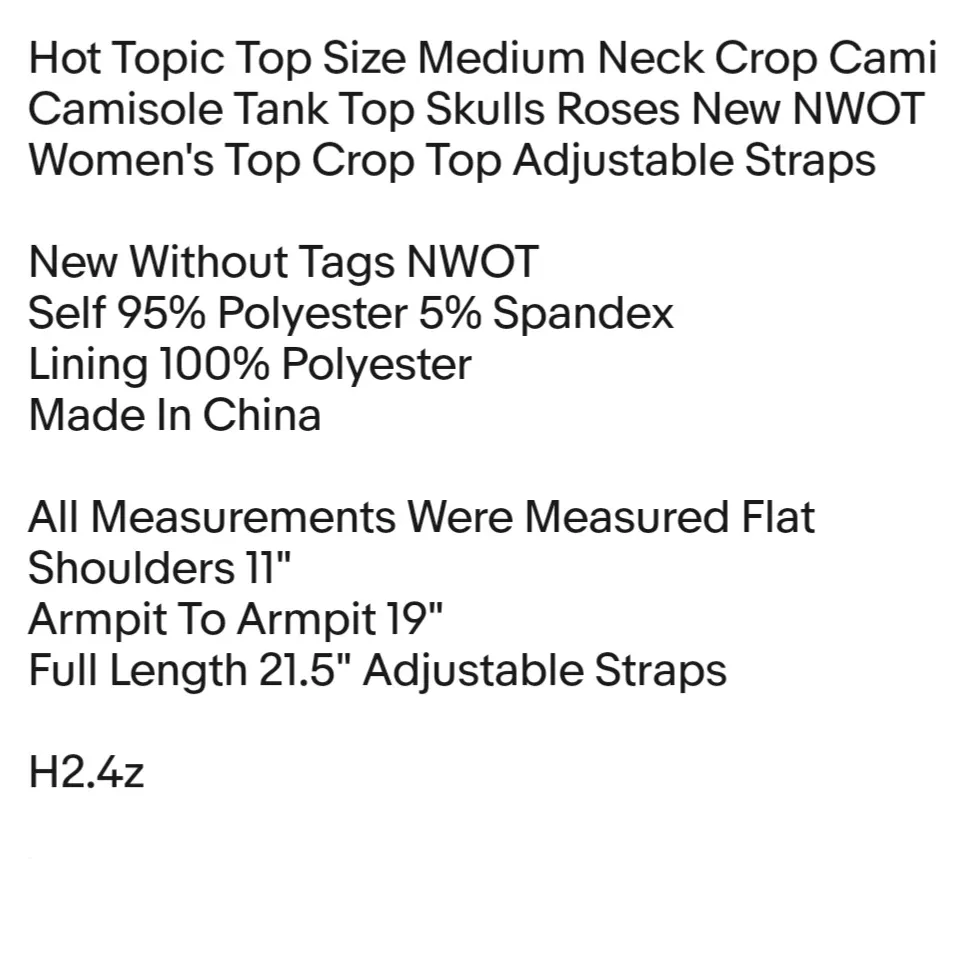 Hot Topic Top Size Medium Neck Crop Cami Camisole Tank Top Skulls Roses New NWOT - Image 2