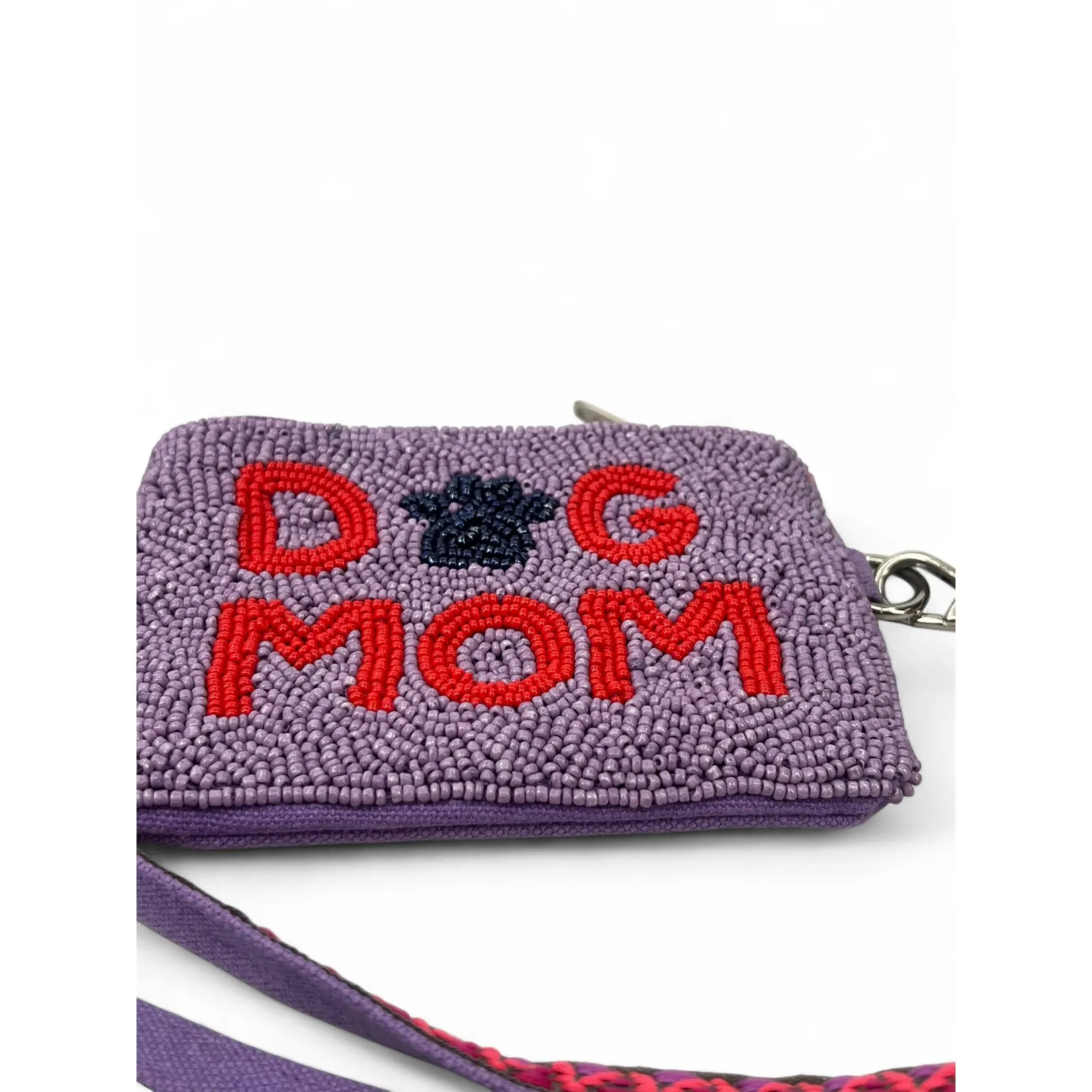 New Beaded Dog Pawsome Mom Wrist Companion Coin Bag Wallet Clutch Key Chain Purple - Image 3