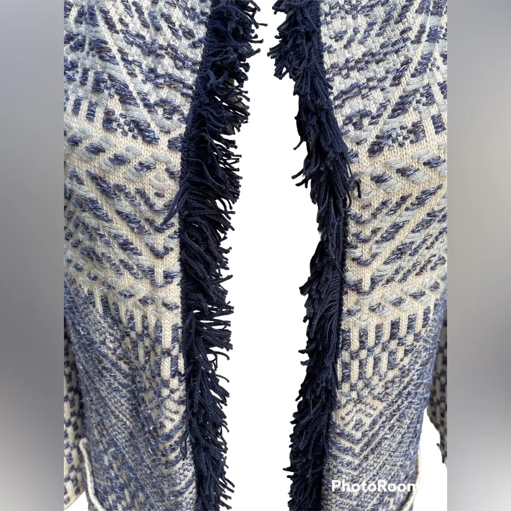 Shacket Blue & Cream Aztec Fringed Open Cardigan Size M - Image 2