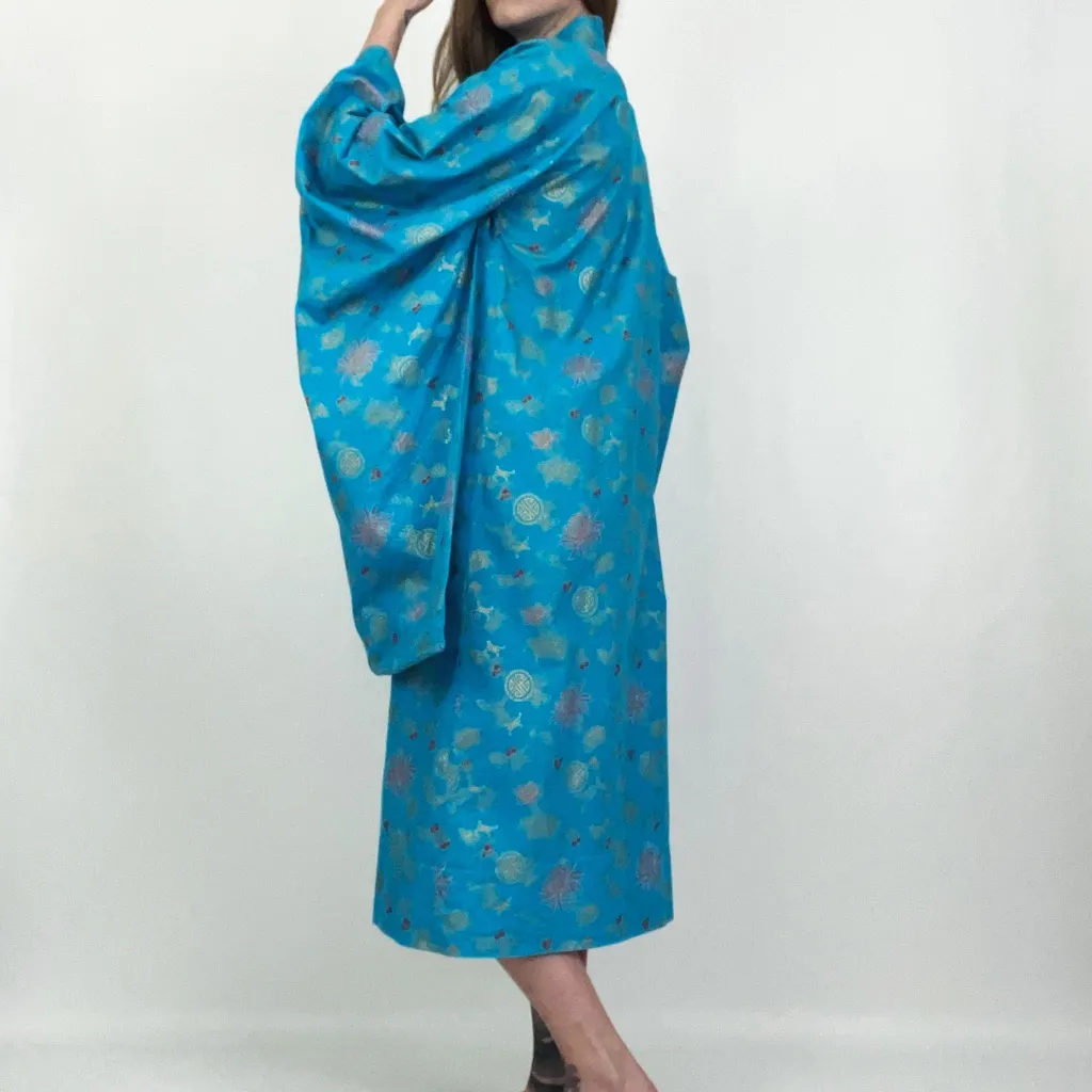 Vintage Patterned Kimono Robe in Aqua Blue | Size S/M - Image 6