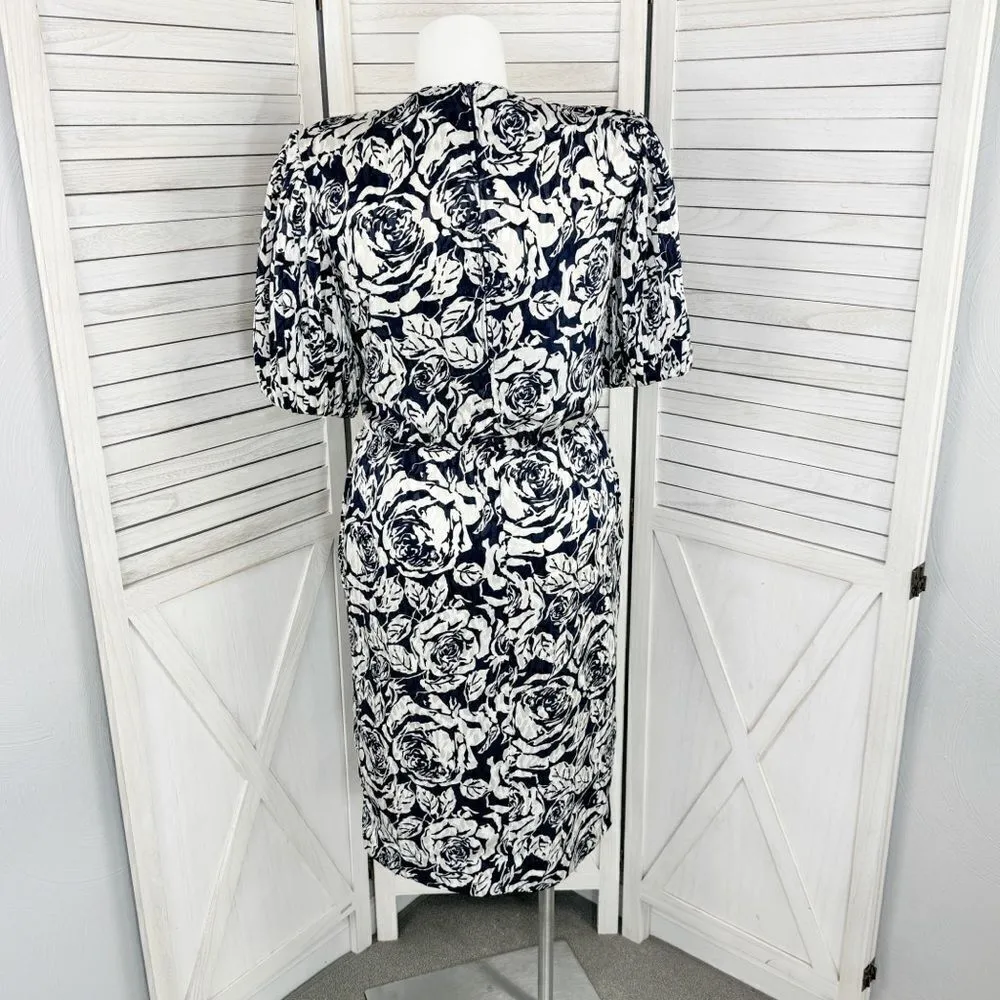 Vintage‎ Henry Lee Floral Satin Jacquard Pleated Puff Sleeve Dress Blue White 12 Blue - Image 4